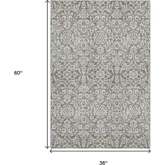 Taupe And Ivory Damask Washable Area Rug With UV Protection Photo 3