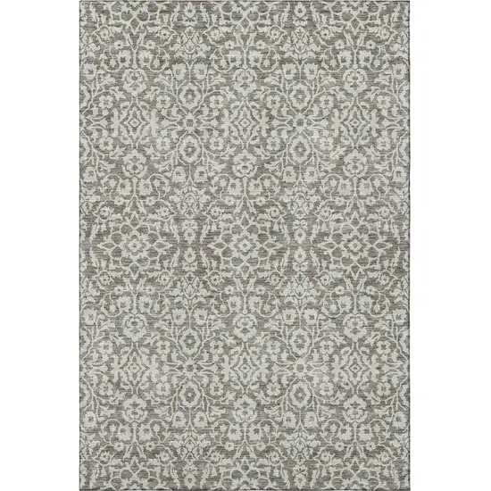 Taupe And Ivory Damask Washable Area Rug With UV Protection Photo 3