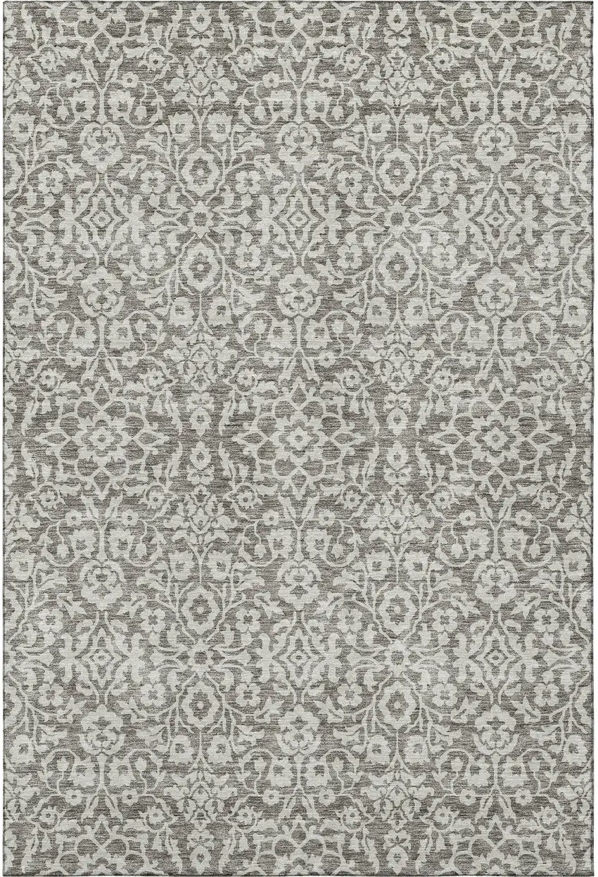 Taupe And Ivory Damask Washable Area Rug With UV Protection Photo 3