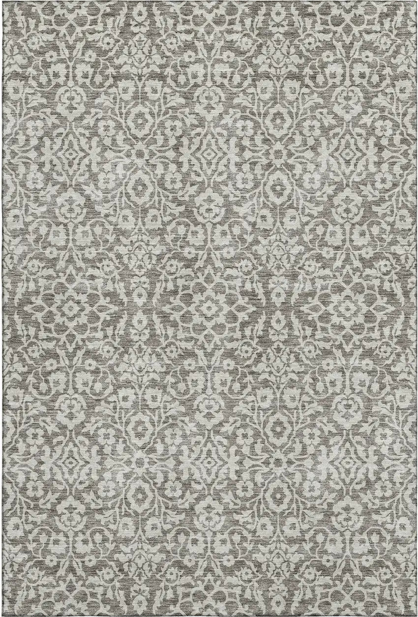 Taupe And Ivory Damask Washable Area Rug With UV Protection Photo 1