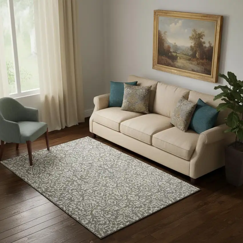 Taupe And Ivory Damask Washable Area Rug With UV Protection Photo 1