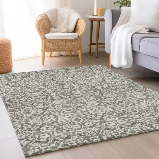 Taupe And Ivory Damask Washable Area Rug With UV Protection Photo 5