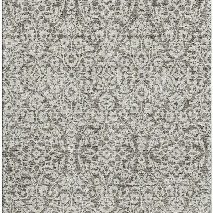 Taupe And Ivory Damask Washable Area Rug With UV Protection Photo 4