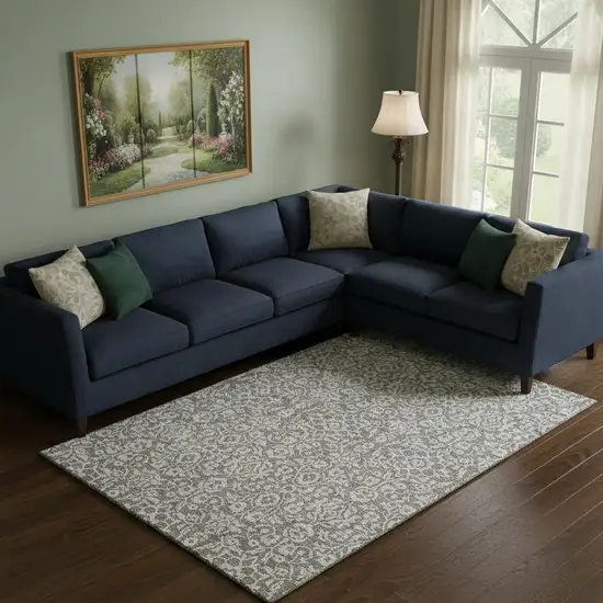 Taupe And Ivory Damask Washable Area Rug With UV Protection Photo 1