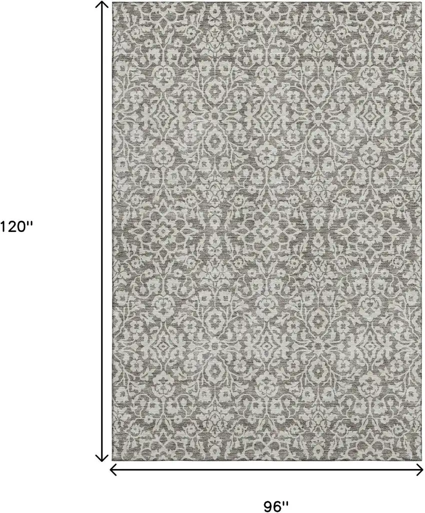 Taupe And Ivory Damask Washable Area Rug With UV Protection Photo 3