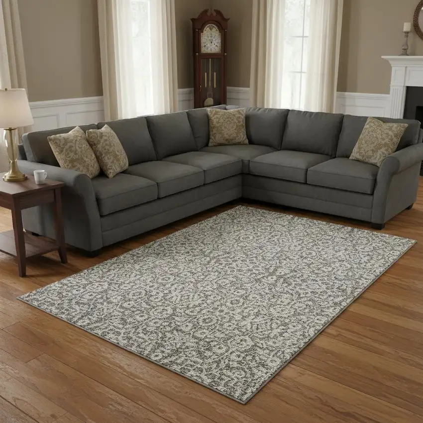 Taupe And Ivory Damask Washable Area Rug With UV Protection Photo 2