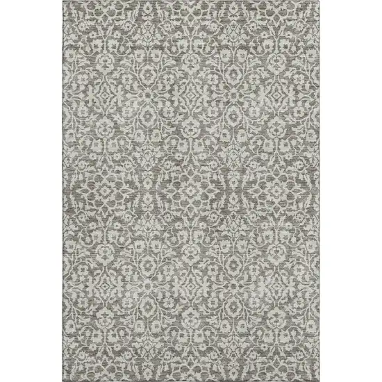 Taupe And Ivory Damask Washable Area Rug With UV Protection Photo 1
