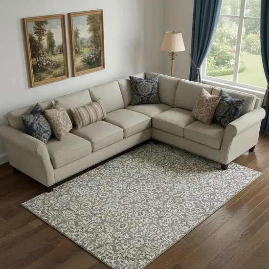 Taupe And Ivory Damask Washable Area Rug With UV Protection Photo 1