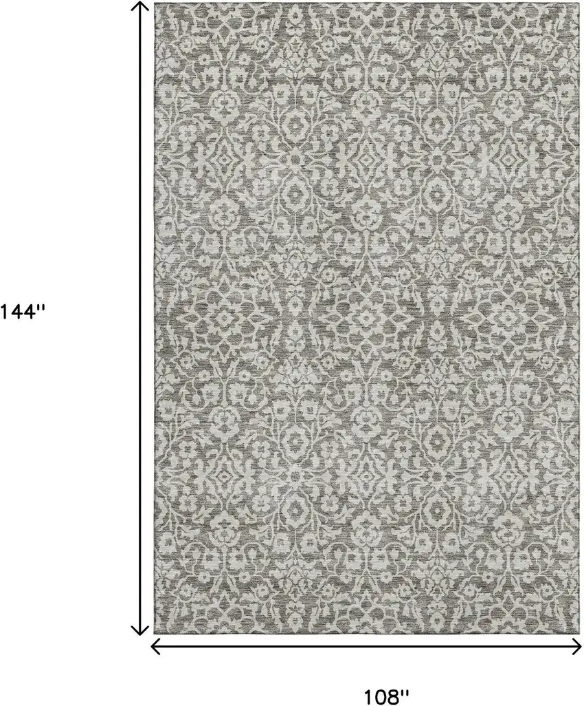 Taupe And Ivory Damask Washable Area Rug With UV Protection Photo 3