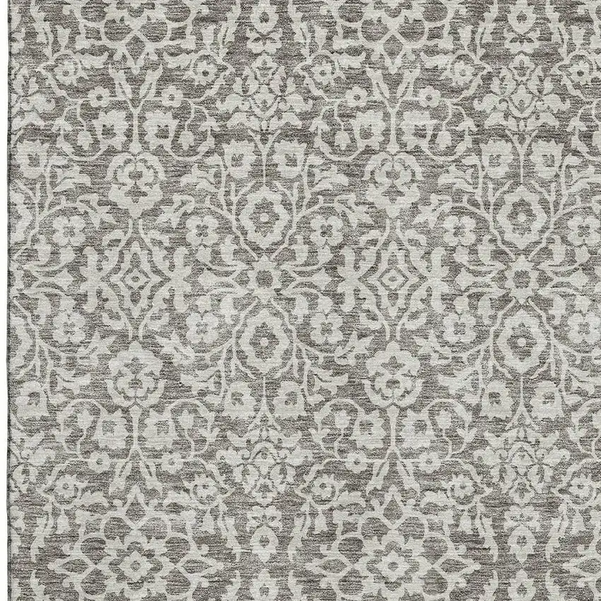Taupe And Ivory Damask Washable Area Rug With UV Protection Photo 3