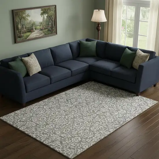 Taupe And Ivory Damask Washable Area Rug With UV Protection Photo 1