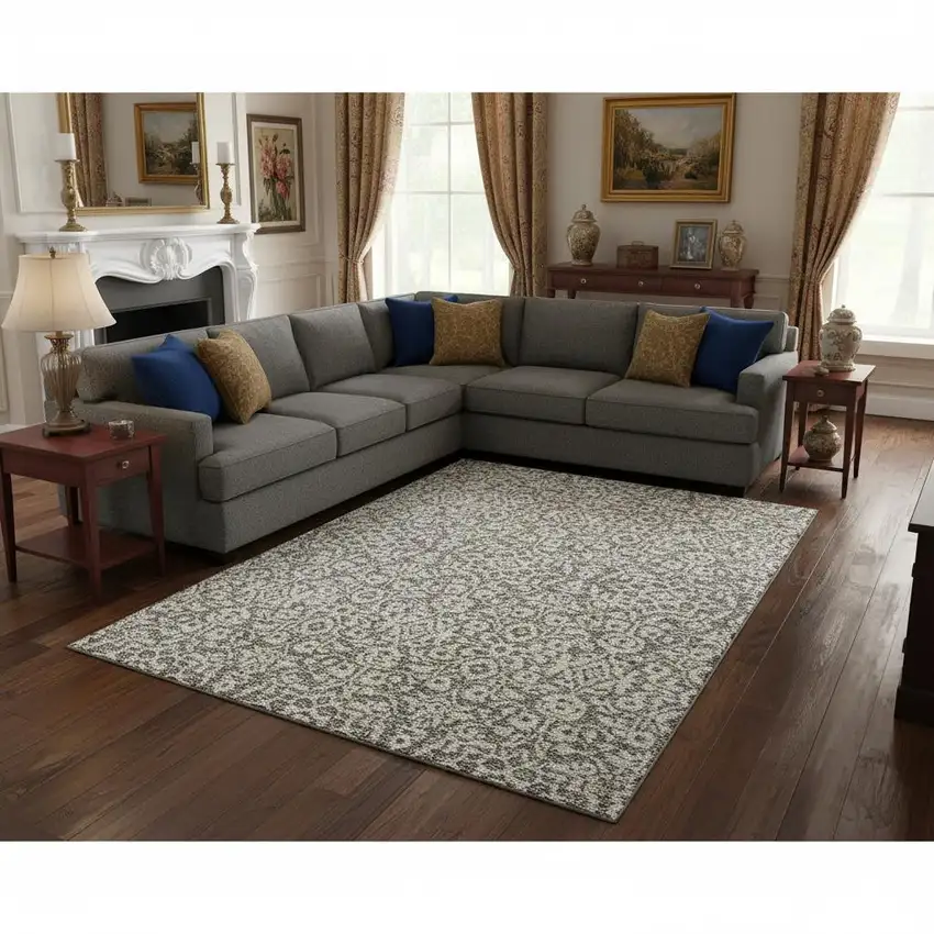Taupe And Ivory Damask Washable Area Rug With UV Protection Photo 2