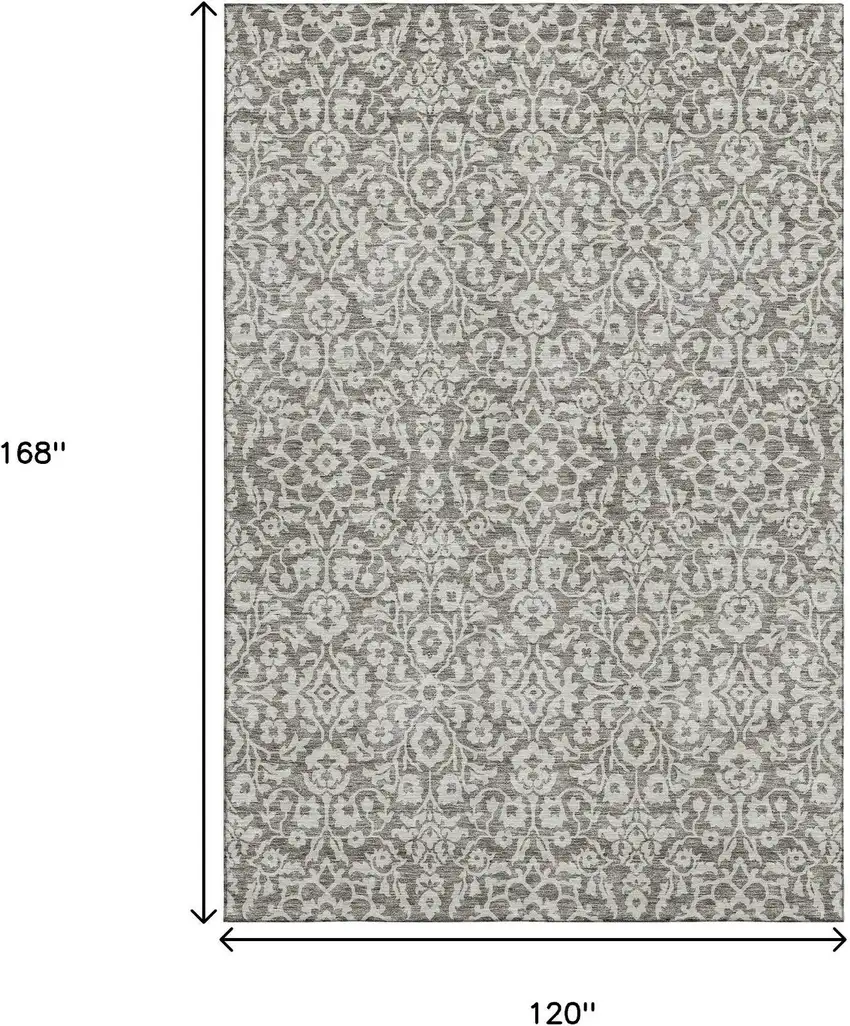 Taupe And Ivory Damask Washable Area Rug With UV Protection Photo 3