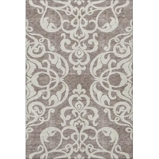 Taupe And Ivory Damask Washable Area Rug With UV Protection Photo 3