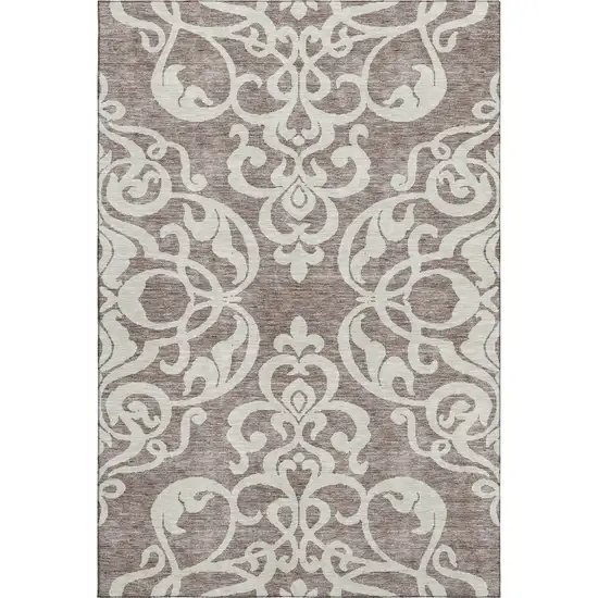 Taupe And Ivory Damask Washable Area Rug With UV Protection Photo 1