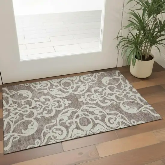 Taupe And Ivory Damask Washable Area Rug With UV Protection Photo 2