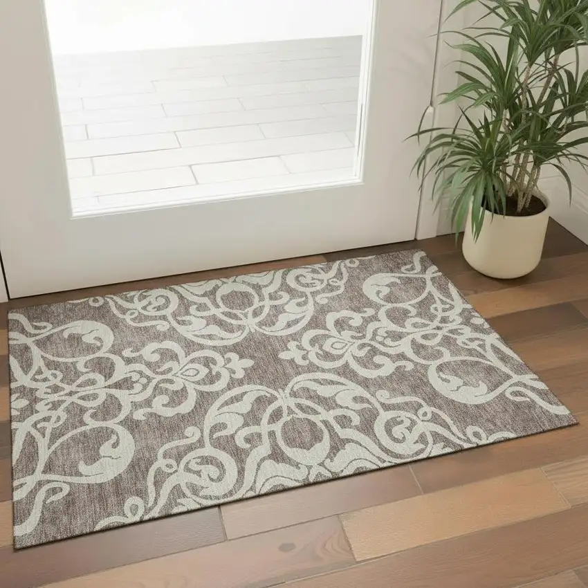Taupe And Ivory Damask Washable Area Rug With UV Protection Photo 2