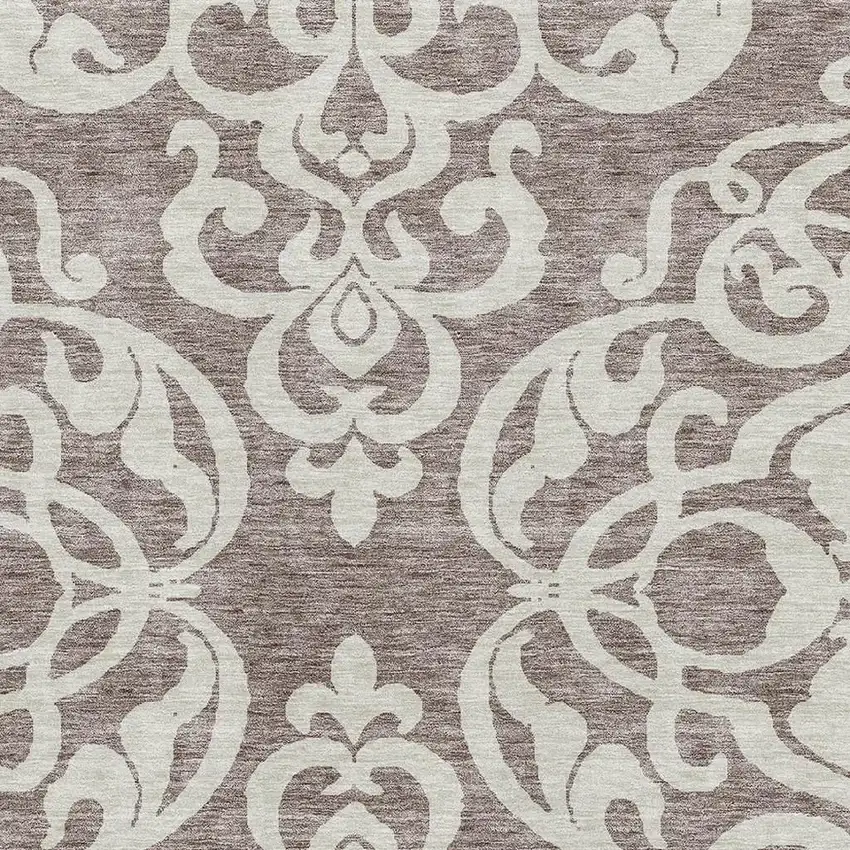 Taupe And Ivory Damask Washable Area Rug With UV Protection Photo 2