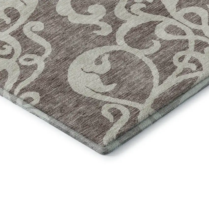 Taupe And Ivory Damask Washable Area Rug With UV Protection Photo 7