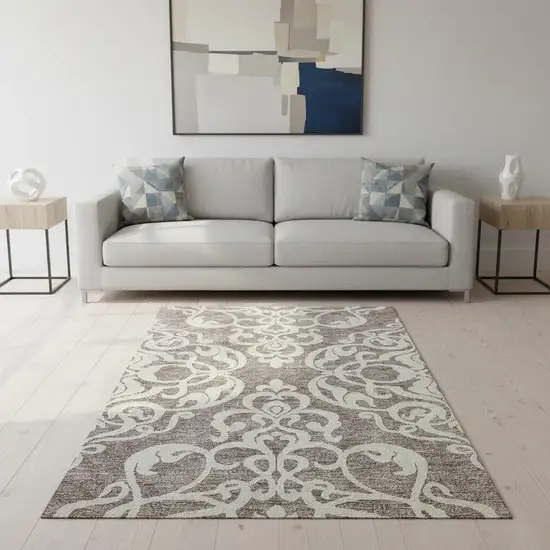 Taupe And Ivory Damask Washable Area Rug With UV Protection Photo 2