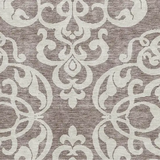 Taupe And Ivory Damask Washable Area Rug With UV Protection Photo 2