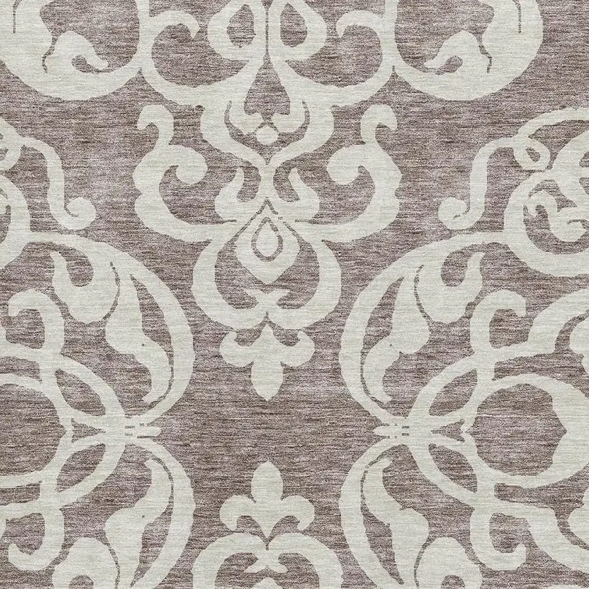 Taupe And Ivory Damask Washable Area Rug With UV Protection Photo 2