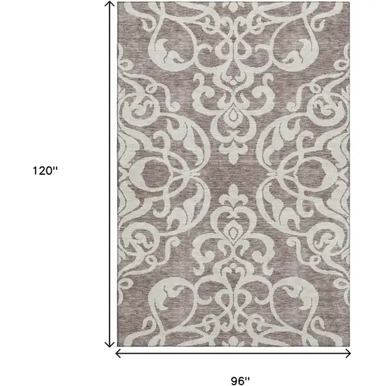 Taupe And Ivory Damask Washable Area Rug With UV Protection Photo 8