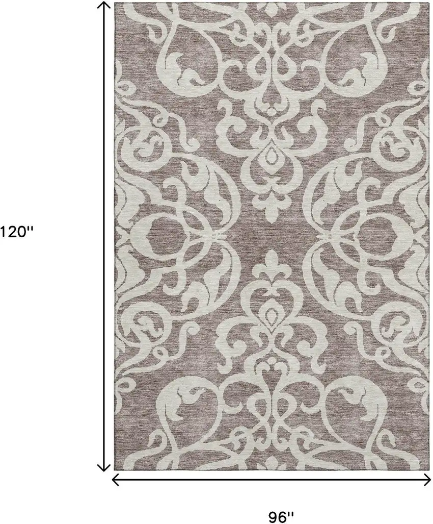 Taupe And Ivory Damask Washable Area Rug With UV Protection Photo 8