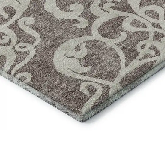 Taupe And Ivory Damask Washable Area Rug With UV Protection Photo 7