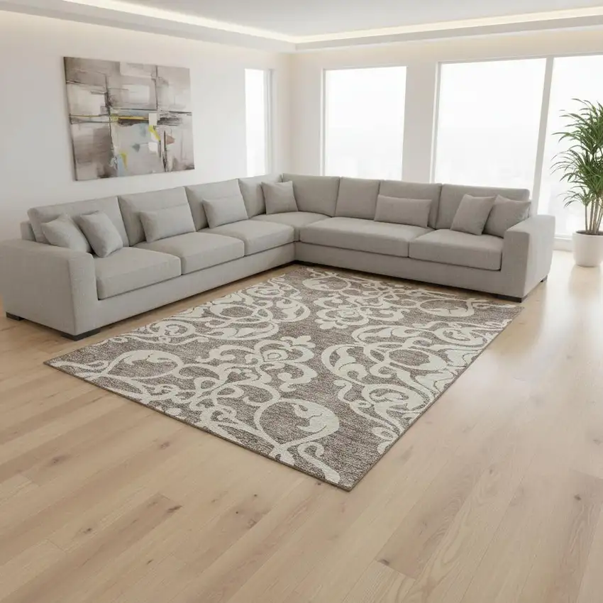 Taupe And Ivory Damask Washable Area Rug With UV Protection Photo 2