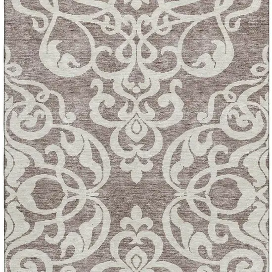 Taupe And Ivory Damask Washable Area Rug With UV Protection Photo 3