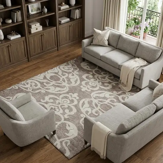 Taupe And Ivory Damask Washable Area Rug With UV Protection Photo 1