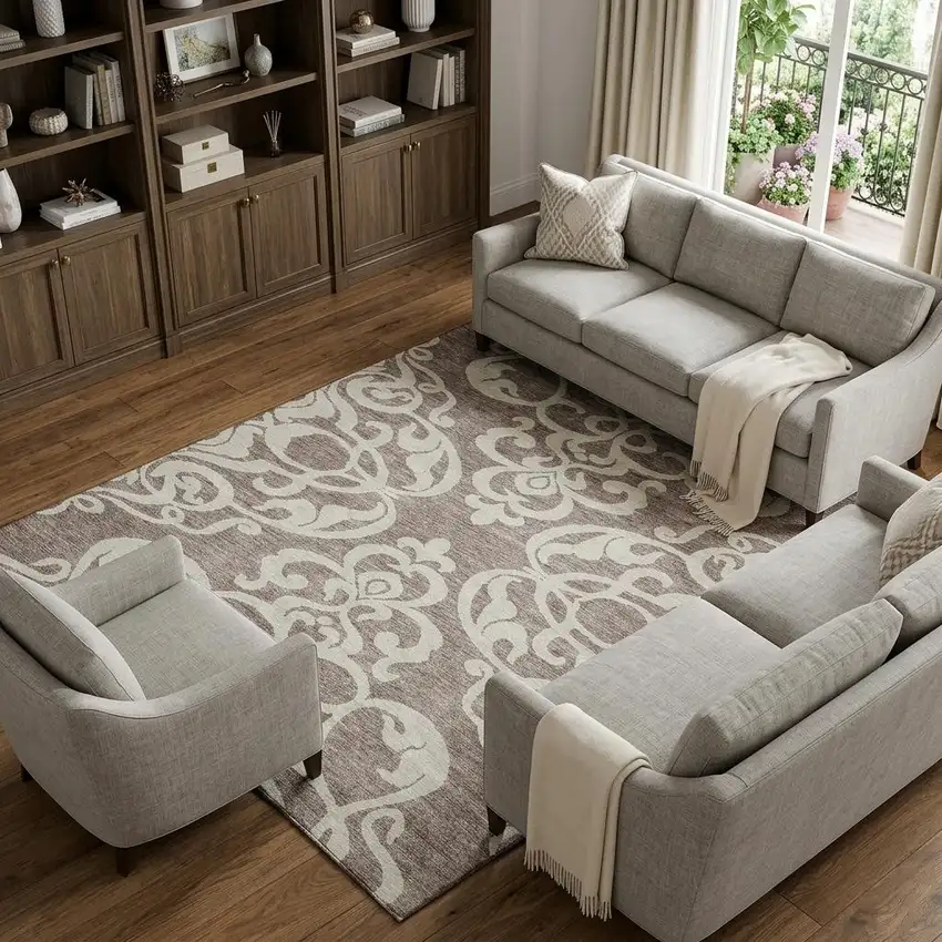 Taupe And Ivory Damask Washable Area Rug With UV Protection Photo 1