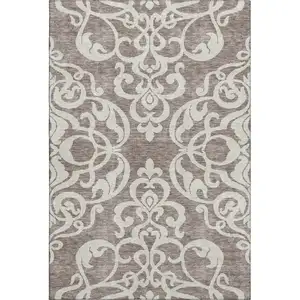 Photo of Taupe And Ivory Damask Washable Area Rug With UV Protection