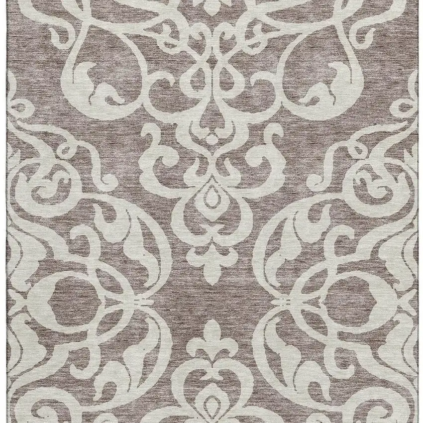 Taupe And Ivory Damask Washable Area Rug With UV Protection Photo 2