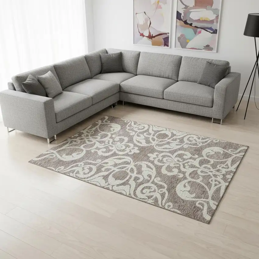 Taupe And Ivory Damask Washable Area Rug With UV Protection Photo 2