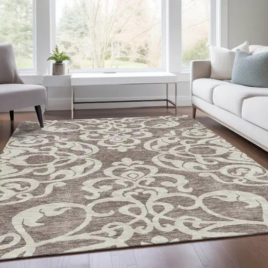 Taupe And Ivory Damask Washable Area Rug With UV Protection Photo 5