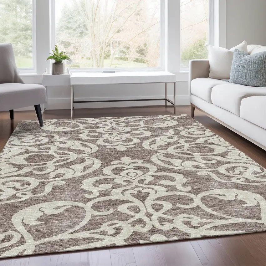 Taupe And Ivory Damask Washable Area Rug With UV Protection Photo 5