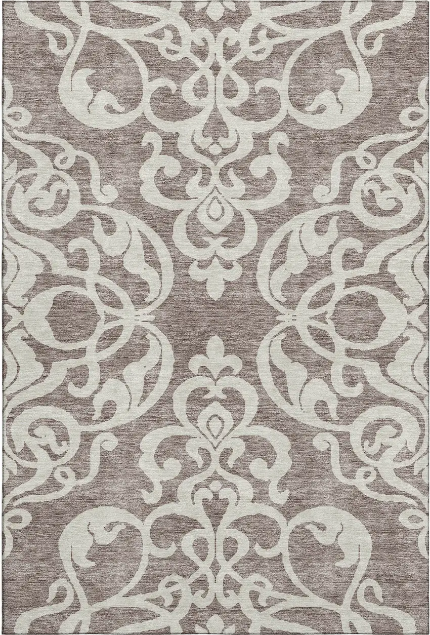 Taupe And Ivory Damask Washable Area Rug With UV Protection Photo 1