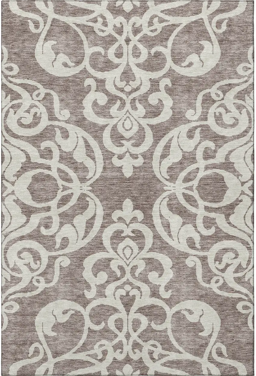 Taupe And Ivory Damask Washable Area Rug With UV Protection Photo 3