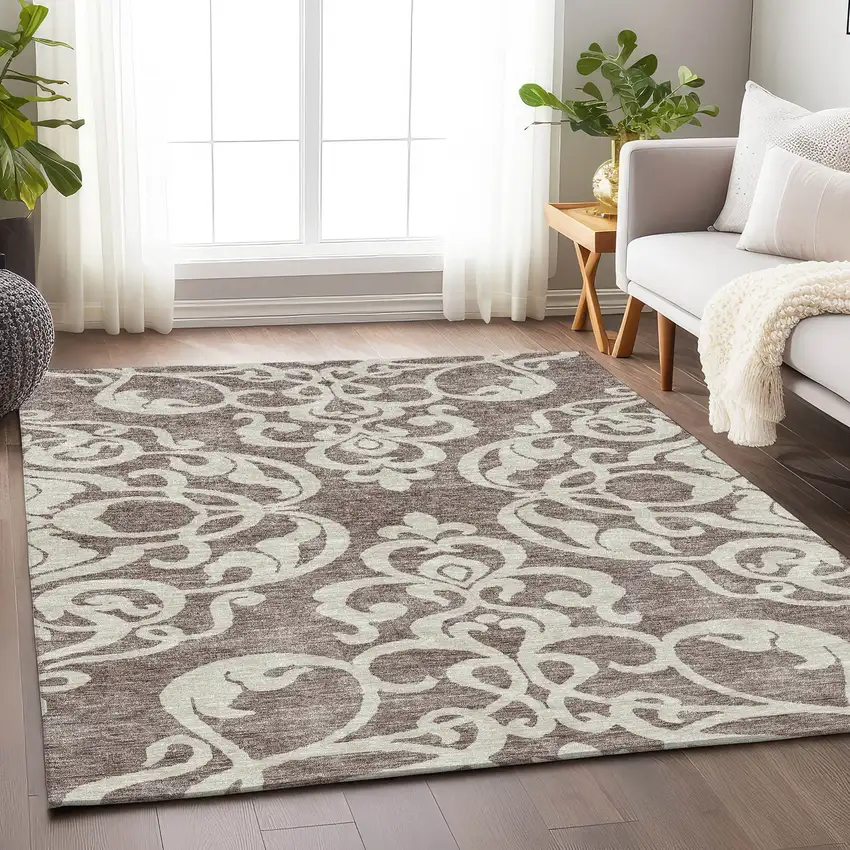 Taupe And Ivory Damask Washable Area Rug With UV Protection Photo 4