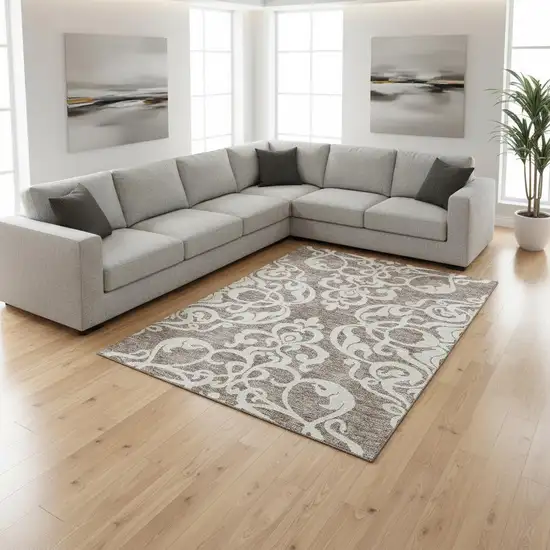 Taupe And Ivory Damask Washable Area Rug With UV Protection Photo 2