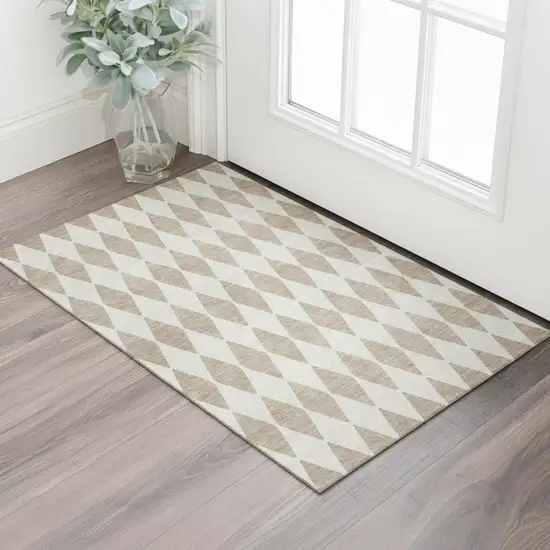 Taupe And Ivory Diamond Washable Area Rug With UV Protection Photo 1