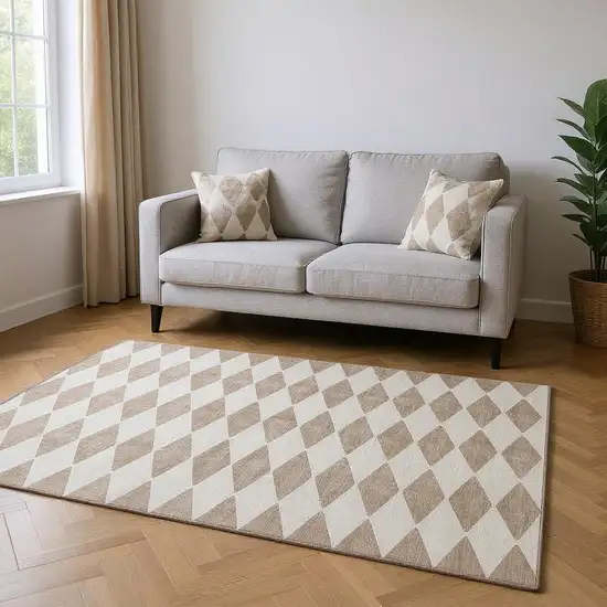 Taupe And Ivory Diamond Washable Area Rug With UV Protection Photo 2