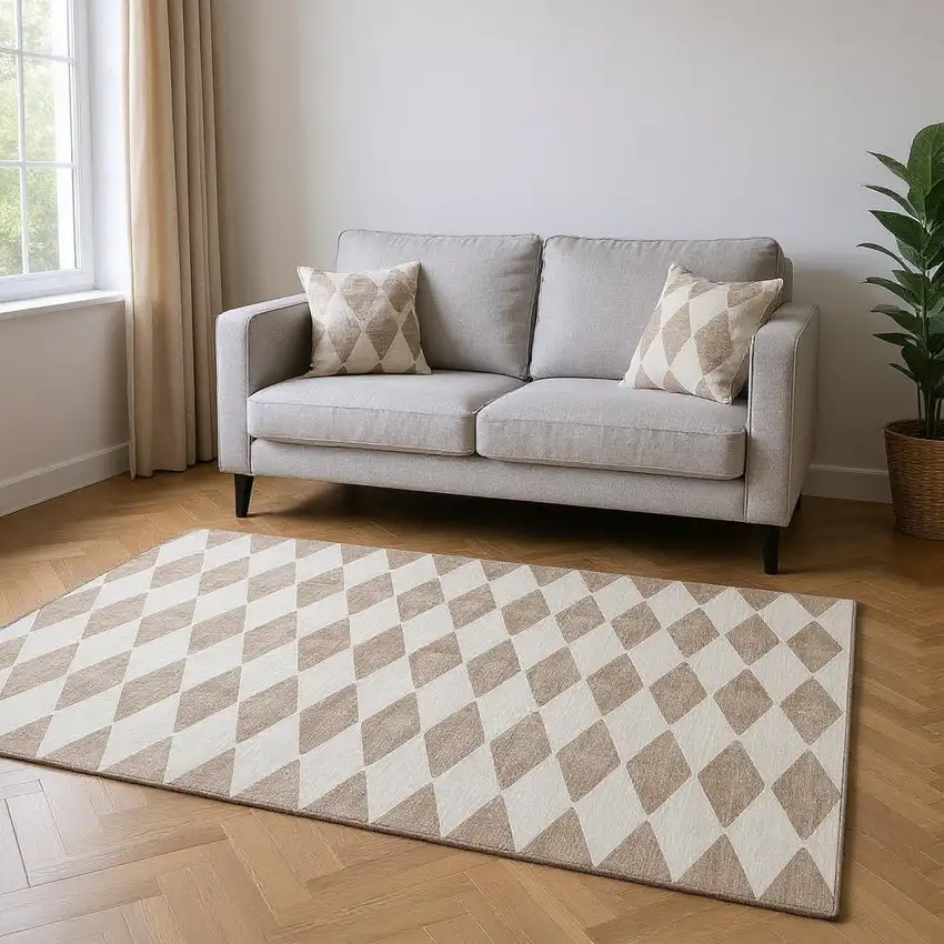 Taupe And Ivory Diamond Washable Area Rug With UV Protection Photo 2