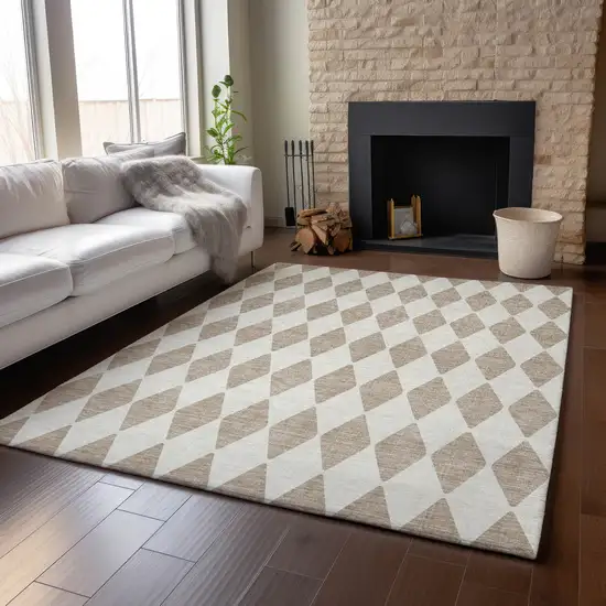 Taupe And Ivory Diamond Washable Area Rug With UV Protection Photo 5