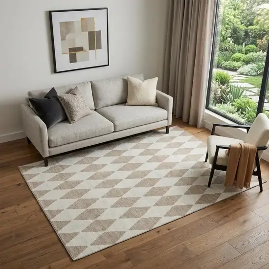 Taupe And Ivory Diamond Washable Area Rug With UV Protection Photo 1