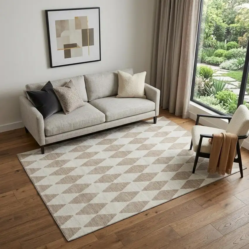 Taupe And Ivory Diamond Washable Area Rug With UV Protection Photo 1