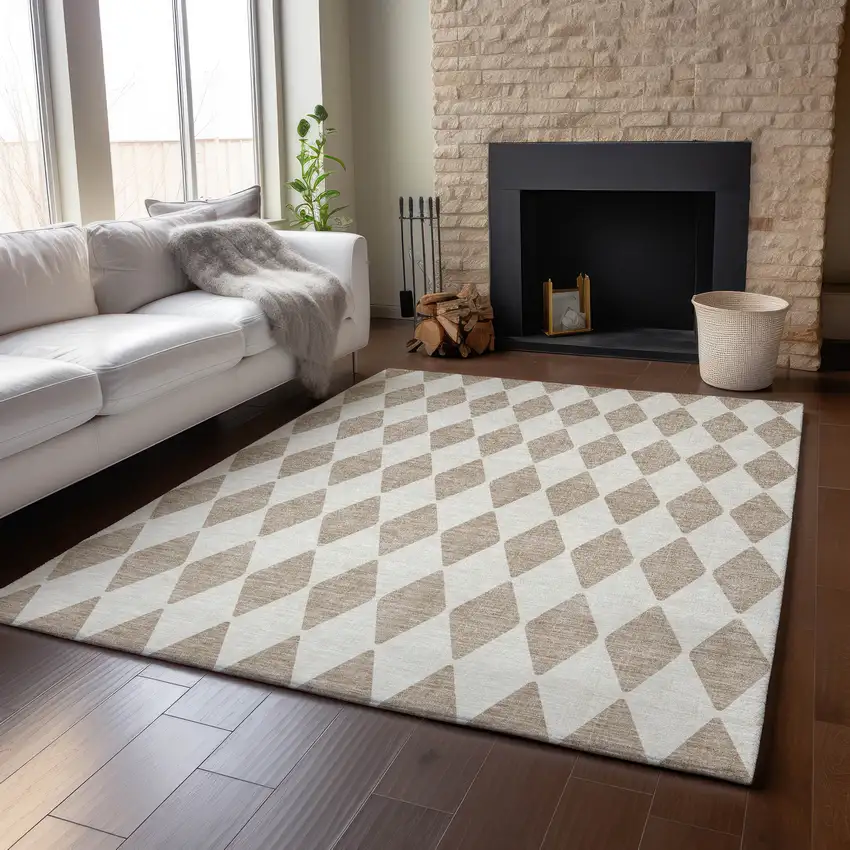 Taupe And Ivory Diamond Washable Area Rug With UV Protection Photo 4