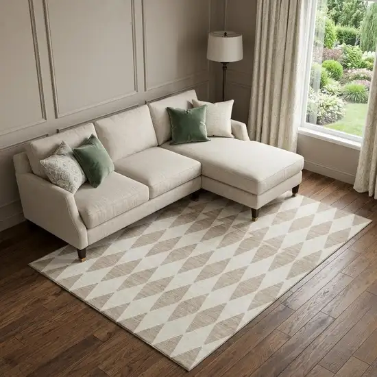 Taupe And Ivory Diamond Washable Area Rug With UV Protection Photo 1